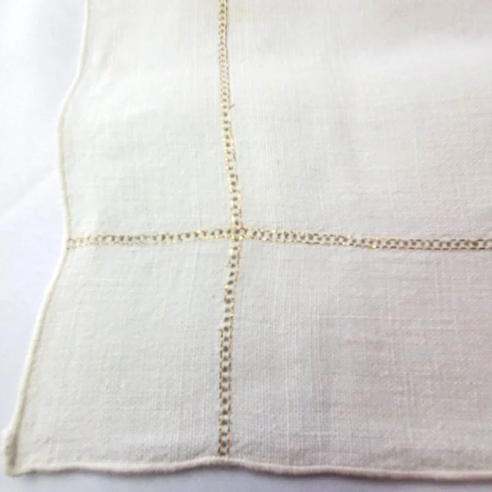 4 Vintage Ivory Cutwork Linen Napkins Placemat Gold Embroidered Border 16.5
